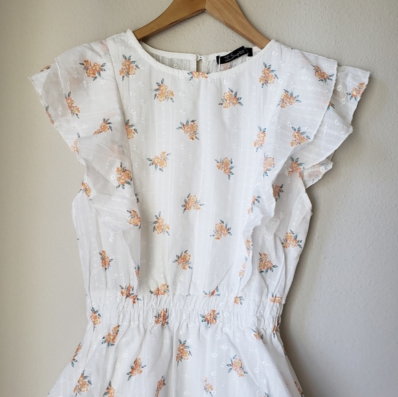 White Eyelet Embroidered Floral Flutter Sleeve Tiered Skirt Cotton Dress - Picture 10 of 16